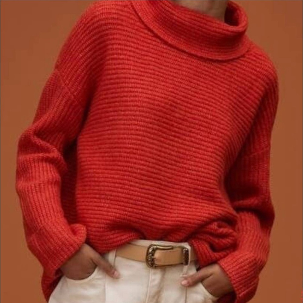 Anthropologie Red Ribbed Cowl Neck Sweater